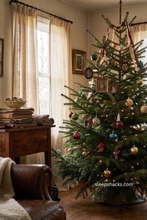 Nostalgic Christmas tree with vintage photo frame ornaments brass wood frames family memories and warm lights 