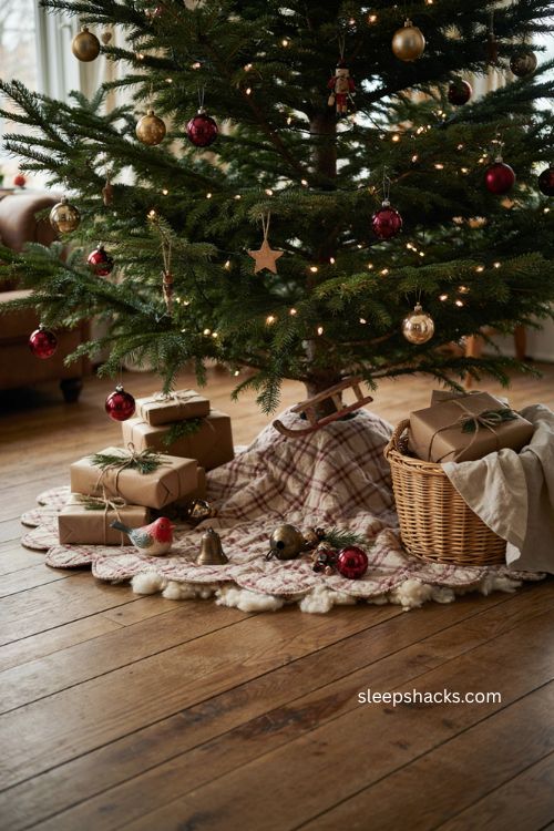 Nostalgic Christmas tree with vintage quilted plaid tree skirt cream cranberry retro holiday decor 