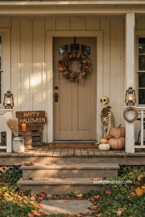Nostalgic Halloween porch with skeletal dog whimsical wreath wood plank greeting and pumpkins