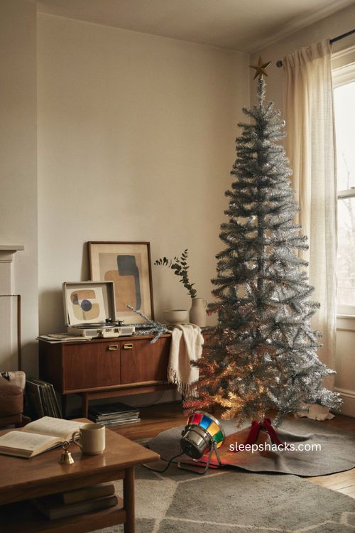 Nostalgic aluminum Christmas tree with rotating color wheel retro mid century holiday decor 