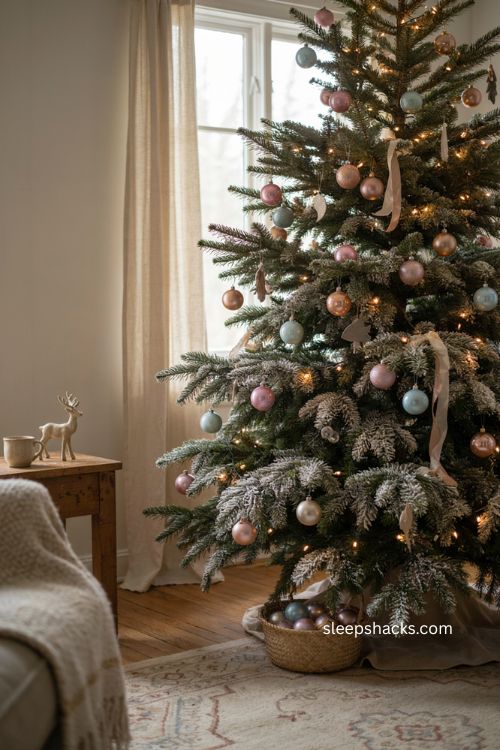 Nostalgic flocked Christmas tree with pastel metallic ornaments vintage snowy holiday decor 
