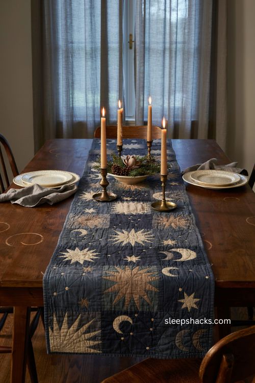 O holy night Christmas table runner pattern with elegant muted winter dining decor