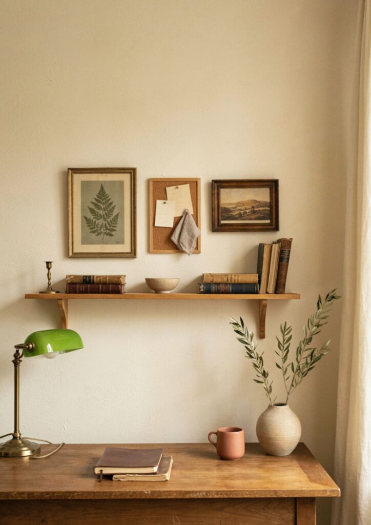 Office wall decor with warm vintage artwork and collected home office accents