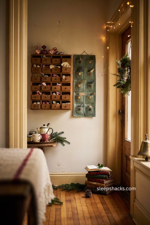 Old fashioned advent calendar with vintage Christmas decor and cozy nostalgic morning charm 