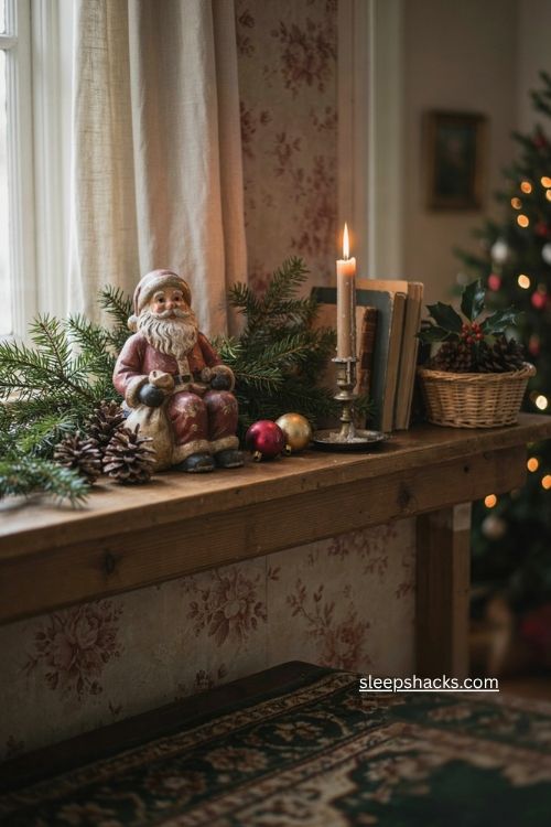 Old fashioned santa figure with vintage christmas mantel decor and nostalgic charm 