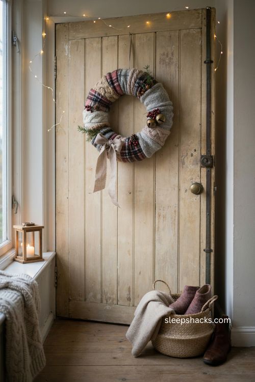 Old sweater wreath with cozy knit texture for handmade christmas decor 