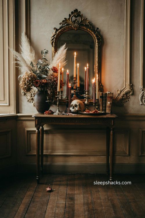 Old world Halloween entry table with taper candles ornate mirror dried florals and skull