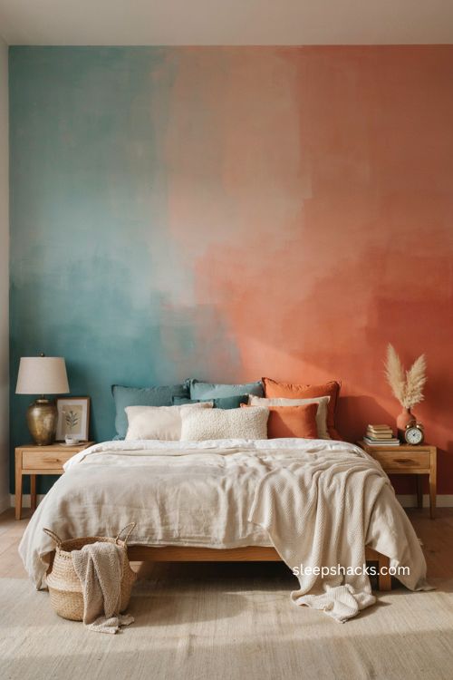 Ombre teal to orange bedroom wall with sunset inspired bedding