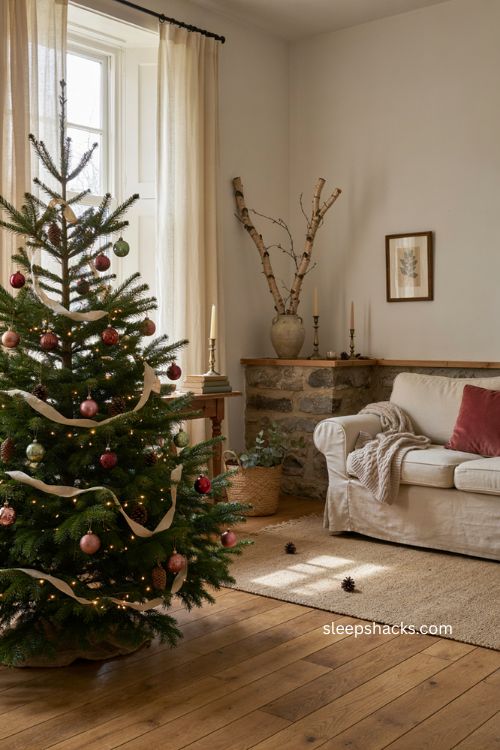 One in one out Christmas decor idea for a small living room with a spacious holiday tree 