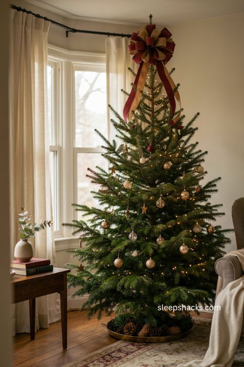 One oversized statement bow at the top of a simple elegant Christmas tree 