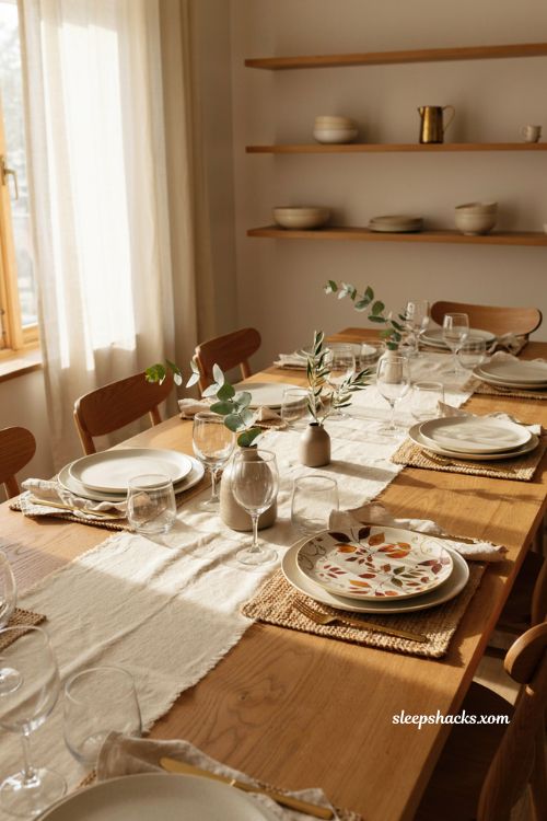 One standout patterned plate Thanksgiving table with neutral decor and botanical fall details
