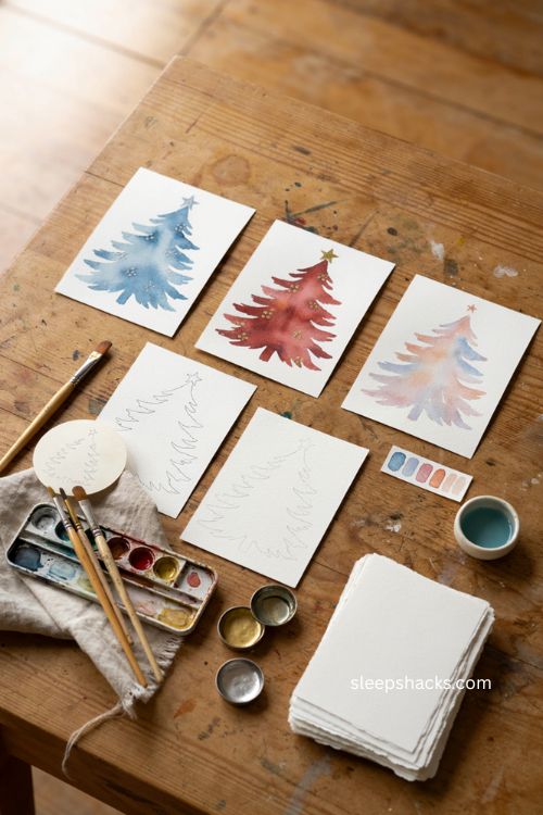 One watercolor Christmas card template in three color variations 