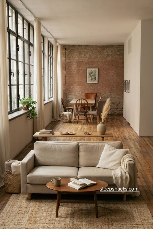 Open apartment living dining room with floating sofa and slim console table 