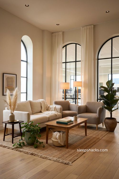 Open corporate office lounge area with cozy sofas armchairs greenery and warm decor