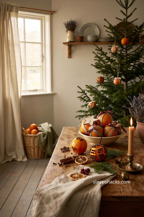 Orange and clove pomander Christmas ornaments with rustic ribbon and farmhouse holiday decor