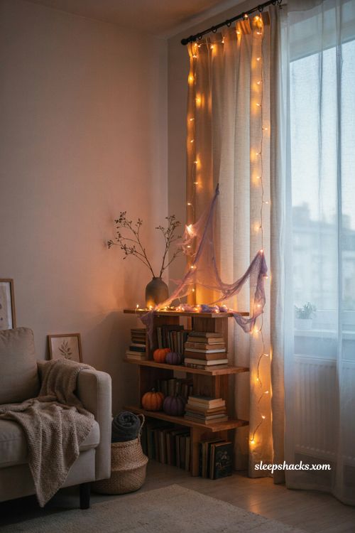 Orange and purple string lights Halloween decorations for apartments 