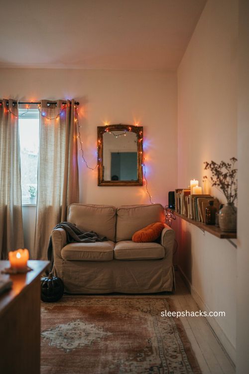 Orange and purple string lights for cozy apartment Halloween decor 