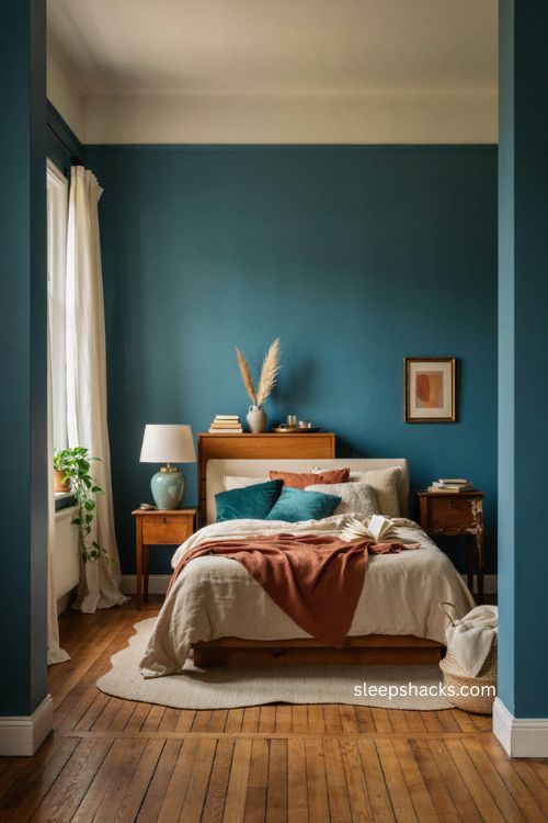 Orange and teal bedroom with cozy sunset colors and ocean inspired decor