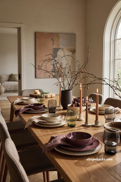 Organic modern Thanksgiving table with plum forest green and natural wood