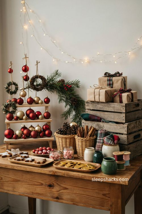 Organized Christmas stall display ideas with shelves baskets and tiered decor 