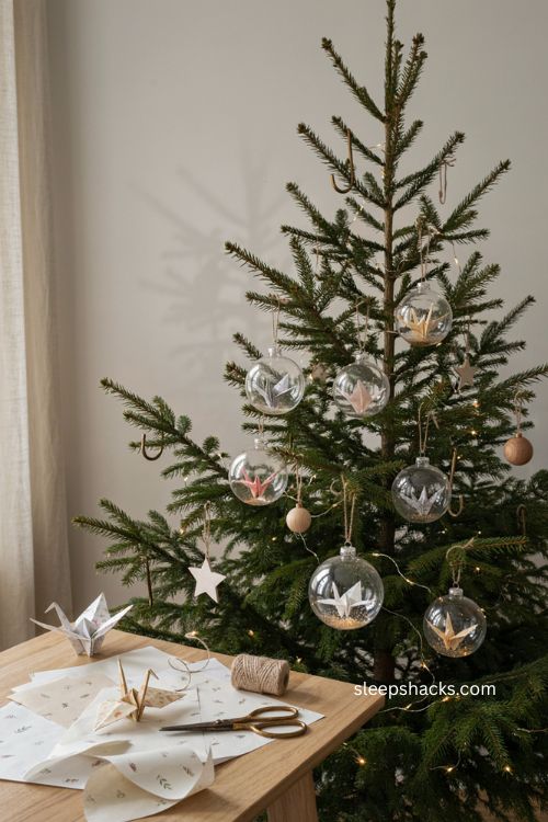 Origami paper cranes christmas ornaments in clear glass balls delicate handmade tree decor 