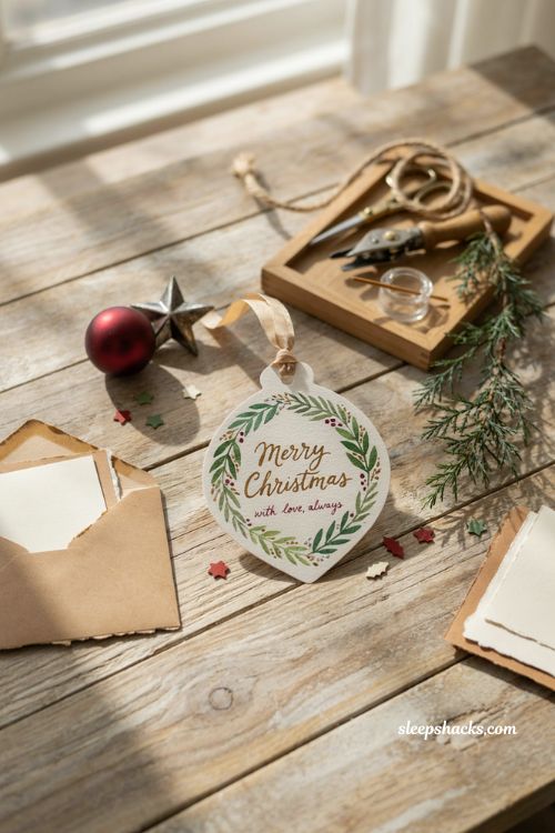 Ornament keepsake Christmas card ideas with handmade tree decorations
