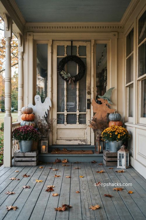 Ornate screen door Halloween decor with black wreath ghost witch cutouts warty pumpkins and mums