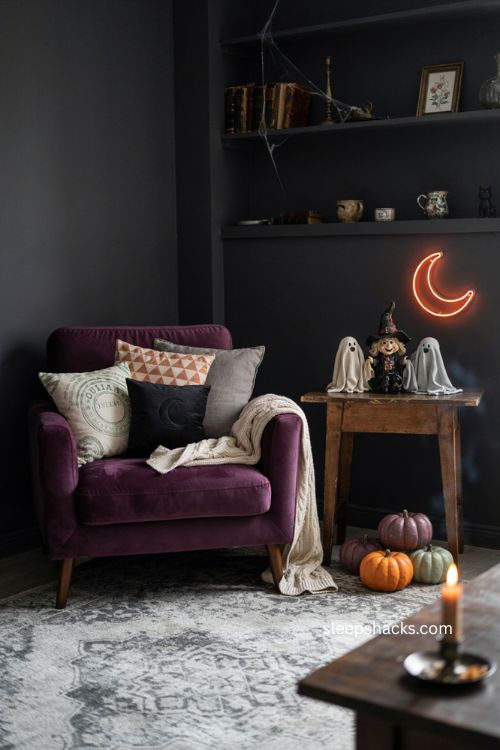 Ouija inspired pillows neon lights witch figurine and smiling ghosts Halloween game room decor
