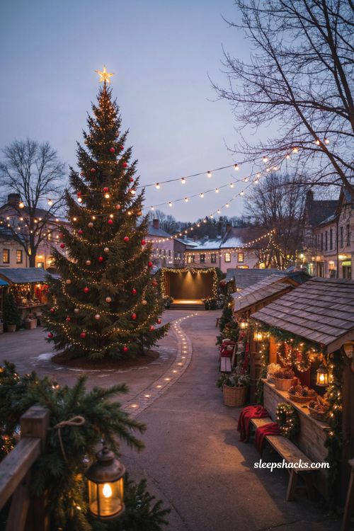 Outdoor Christmas lighting displays festival ideas with glowing venue decor