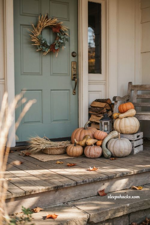 Outdoor Thanksgiving decor with clustered pumpkins and gourds by a rustic farmhouse front door