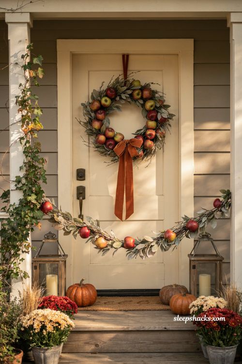 Outdoor Thanksgiving decor with faux apple wreath satin ribbon and matching porch garland