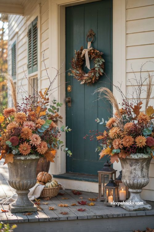 Outdoor Thanksgiving decor with faux fall floral fillers in urn planters and lanterns