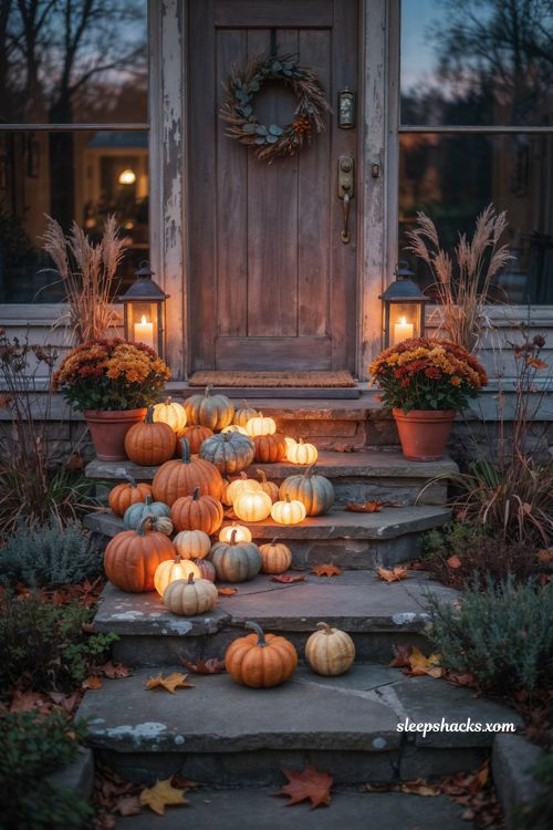 Outdoor Thanksgiving decor with glowing LED pumpkins lining front steps and pathway