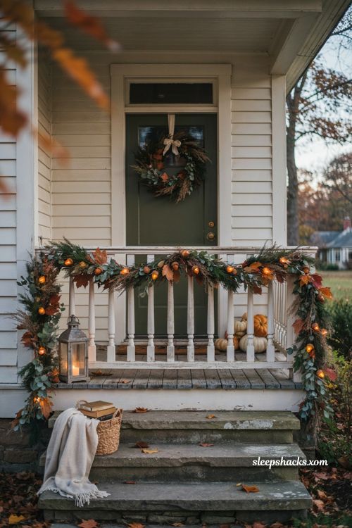 Outdoor Thanksgiving decor with glowing acorn string lights woven through a fall porch garland