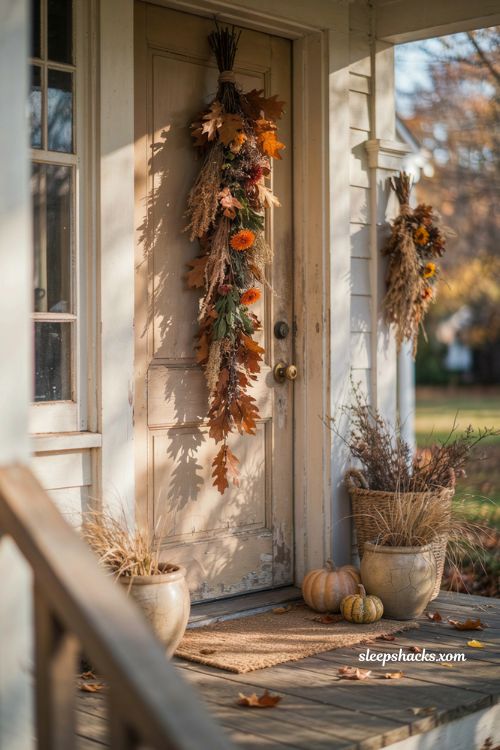 Outdoor Thanksgiving decor with handcrafted fall swag oak leaves wheat and safflowers