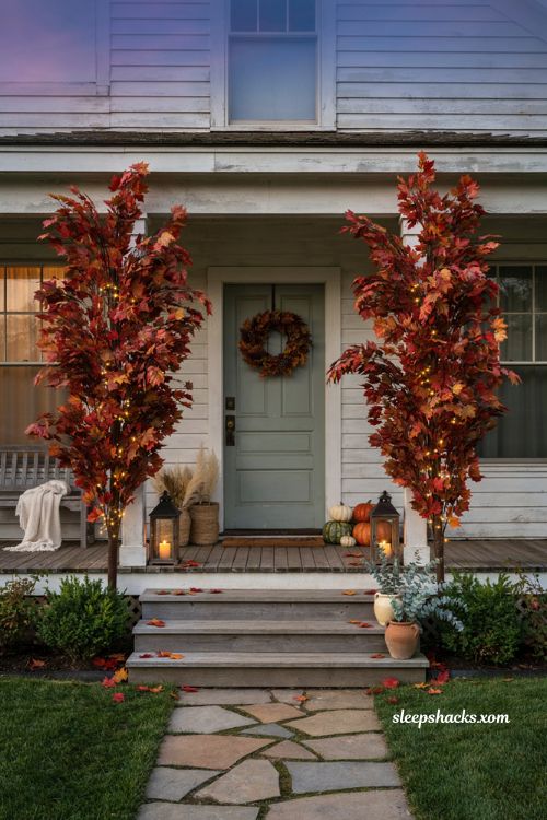 Outdoor Thanksgiving decor with lighted artificial maple trees and glowing farmhouse entryway