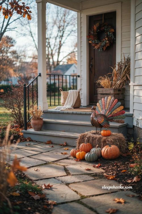 Outdoor Thanksgiving decor with playful metal turkey figurine pumpkins and hay bales