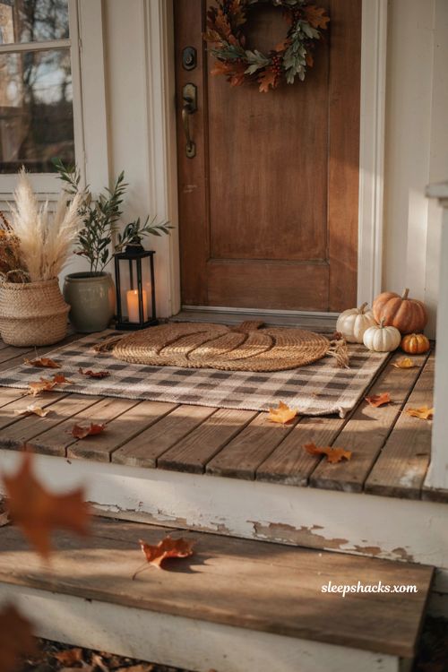 Outdoor Thanksgiving decor with pumpkin doormat layered plaid rug and farmhouse porch