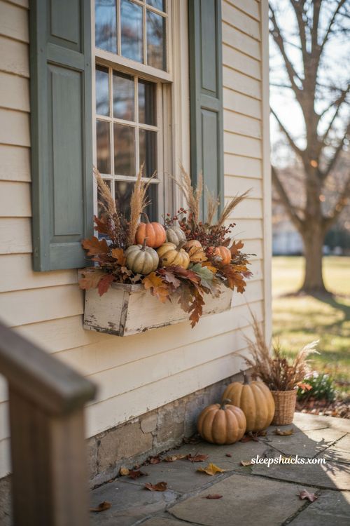Outdoor Thanksgiving decor with ready made pumpkin window box arrangement in rust and gold