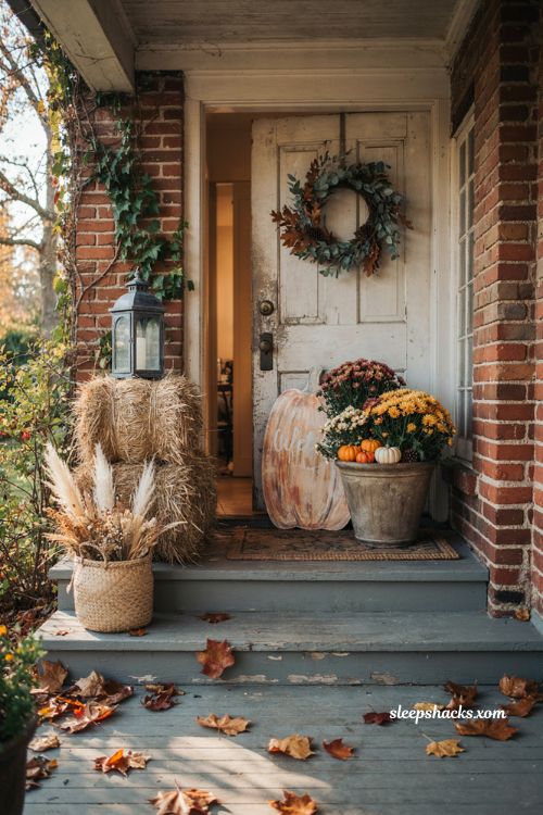 Outdoor Thanksgiving decor with rustic wooden pumpkin welcome sign mums hay bales and pumpkins