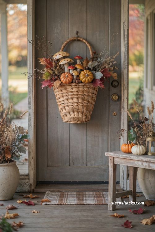 Outdoor Thanksgiving decor with woven basket full of pumpkins mushrooms acorns and maple leaves