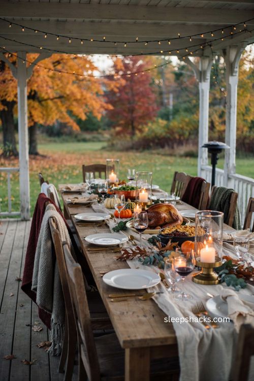 Outdoor Thanksgiving table with string lights blankets lanterns and cozy covered porch 
