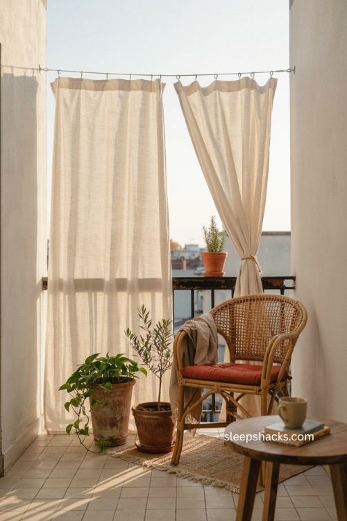 Outdoor curtains on a tension rod for renter friendly balcony privacy 