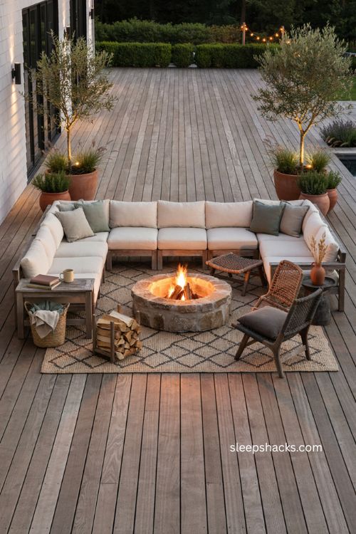 Outdoor living room fire pit ideas with sectional sofa and cozy seating 
