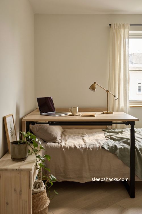 Over the bed desk for a small bedroom and space saving home office
