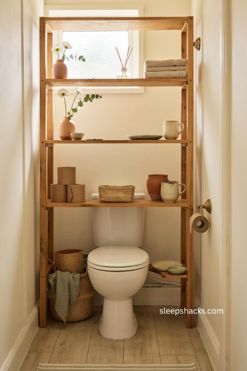 Over the toilet storage unit with woven baskets and cozy water closet decor