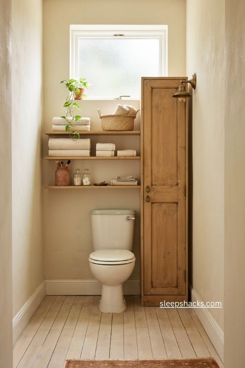 Over toilet bathroom storage with tall cabinet floating shelves and towels 