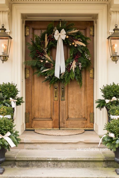 Oversized Christmas door swag with layered greenery large bow and long ribbon tails
