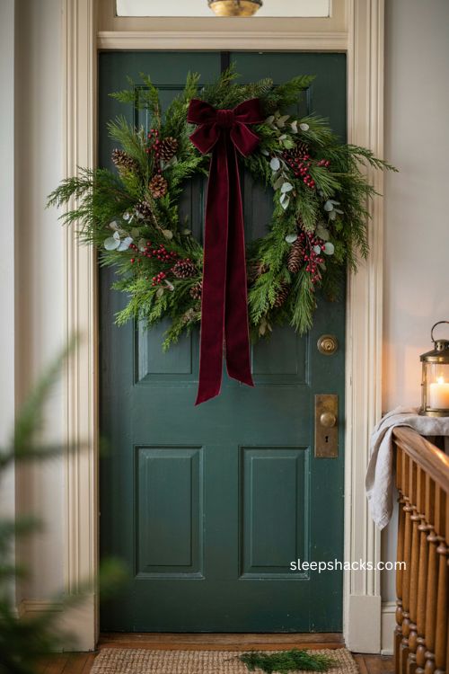 Oversized Christmas swag with layered evergreen pinecones berries and large ribbon bow