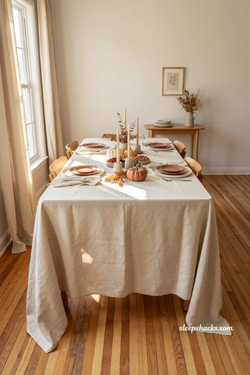 Oversized Thanksgiving tablecloth idea for a small dining table
